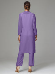 3 Pieces Long Sleeves Chiffon Mother Of The Bride Dress Pants Suits