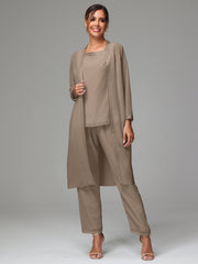 3 Pieces Long Sleeves Chiffon Mother Of The Bride Dress Pants Suits