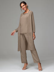 3 Pieces Long Sleeves Chiffon Mother Of The Bride Dress Pants Suits