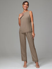 3 Pieces Long Sleeves Chiffon Mother Of The Bride Dress Pants Suits