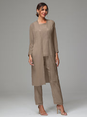 3 Pieces Long Sleeves Chiffon Mother Of The Bride Dress Pants Suits