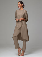 3 Pieces Long Sleeves Chiffon Mother Of The Bride Dress Pants Suits