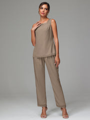 3 Pieces Long Sleeves Chiffon Mother Of The Bride Dress Pants Suits