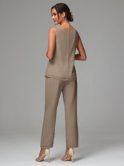 3 Pieces Long Sleeves Chiffon Mother Of The Bride Dress Pants Suits