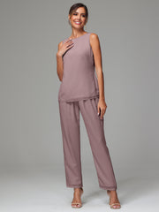 3 Pieces Long Sleeves Chiffon Mother Of The Bride Dress Pants Suits