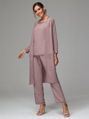 3 Pieces Long Sleeves Chiffon Mother Of The Bride Dress Pants Suits