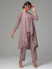 3 Pieces Long Sleeves Chiffon Mother Of The Bride Dress Pants Suits