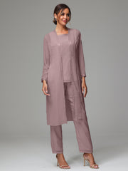 3 Pieces Long Sleeves Chiffon Mother Of The Bride Dress Pants Suits