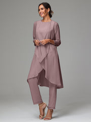 3 Pieces Long Sleeves Chiffon Mother Of The Bride Dress Pants Suits