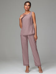 3 Pieces Long Sleeves Chiffon Mother Of The Bride Dress Pants Suits