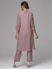 3 Pieces Long Sleeves Chiffon Mother Of The Bride Dress Pants Suits