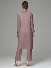 3 Pieces Long Sleeves Chiffon Mother Of The Bride Dress Pants Suits