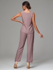 3 Pieces Long Sleeves Chiffon Mother Of The Bride Dress Pants Suits