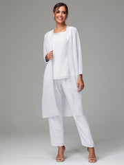3 Pieces Long Sleeves Chiffon Mother Of The Bride Dress Pants Suits