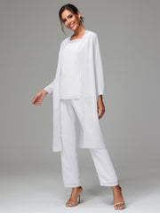 3 Pieces Long Sleeves Chiffon Mother Of The Bride Dress Pants Suits