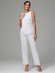 3 Pieces Long Sleeves Chiffon Mother Of The Bride Dress Pants Suits