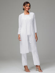3 Pieces Long Sleeves Chiffon Mother Of The Bride Dress Pants Suits
