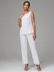 3 Pieces Long Sleeves Chiffon Mother Of The Bride Dress Pants Suits