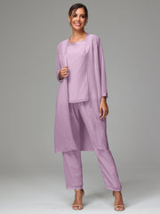 3 Pieces Long Sleeves Chiffon Mother Of The Bride Dress Pants Suits