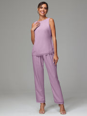 3 Pieces Long Sleeves Chiffon Mother Of The Bride Dress Pants Suits