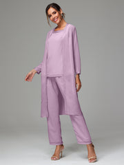 3 Pieces Long Sleeves Chiffon Mother Of The Bride Dress Pants Suits