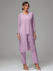 3 Pieces Long Sleeves Chiffon Mother Of The Bride Dress Pants Suits