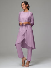 3 Pieces Long Sleeves Chiffon Mother Of The Bride Dress Pants Suits