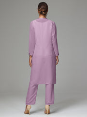 3 Pieces Long Sleeves Chiffon Mother Of The Bride Dress Pants Suits