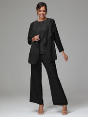 3 Pieces Long Sleeves Chiffon Lace Mother Of The Bride Dress Pants Suits