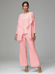 3 Pieces Long Sleeves Chiffon Lace Mother Of The Bride Dress Pants Suits