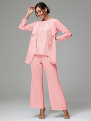 3 Pieces Long Sleeves Chiffon Lace Mother Of The Bride Dress Pants Suits