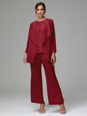 3 Pieces Long Sleeves Chiffon Lace Mother Of The Bride Dress Pants Suits