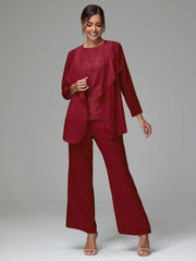 3 Pieces Long Sleeves Chiffon Lace Mother Of The Bride Dress Pants Suits