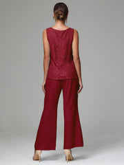 3 Pieces Long Sleeves Chiffon Lace Mother Of The Bride Dress Pants Suits