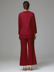 3 Pieces Long Sleeves Chiffon Lace Mother Of The Bride Dress Pants Suits