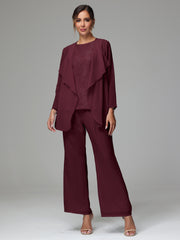 3 Pieces Long Sleeves Chiffon Lace Mother Of The Bride Dress Pants Suits