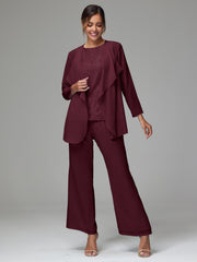 3 Pieces Long Sleeves Chiffon Lace Mother Of The Bride Dress Pants Suits