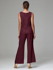 3 Pieces Long Sleeves Chiffon Lace Mother Of The Bride Dress Pants Suits