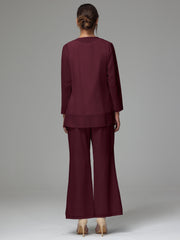 3 Pieces Long Sleeves Chiffon Lace Mother Of The Bride Dress Pants Suits