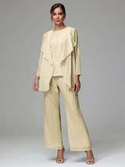 3 Pieces Long Sleeves Chiffon Lace Mother Of The Bride Dress Pants Suits