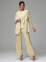 3 Pieces Long Sleeves Chiffon Lace Mother Of The Bride Dress Pants Suits