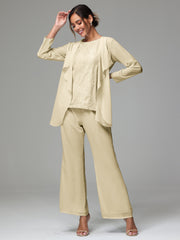 3 Pieces Long Sleeves Chiffon Lace Mother Of The Bride Dress Pants Suits