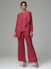 3 Pieces Long Sleeves Chiffon Lace Mother Of The Bride Dress Pants Suits