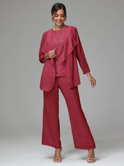 3 Pieces Long Sleeves Chiffon Lace Mother Of The Bride Dress Pants Suits