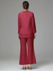 3 Pieces Long Sleeves Chiffon Lace Mother Of The Bride Dress Pants Suits