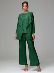 3 Pieces Long Sleeves Chiffon Lace Mother Of The Bride Dress Pants Suits