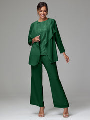 3 Pieces Long Sleeves Chiffon Lace Mother Of The Bride Dress Pants Suits