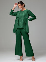 3 Pieces Long Sleeves Chiffon Lace Mother Of The Bride Dress Pants Suits