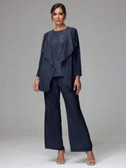 3 Pieces Long Sleeves Chiffon Lace Mother Of The Bride Dress Pants Suits