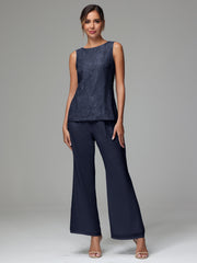 3 Pieces Long Sleeves Chiffon Lace Mother Of The Bride Dress Pants Suits